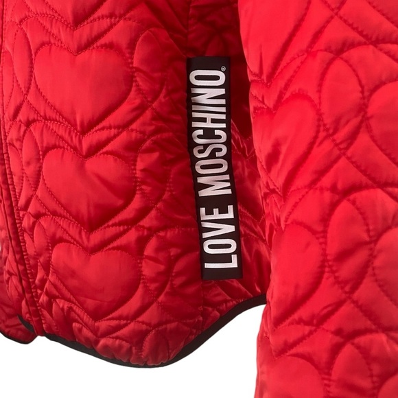 Love Moschino Red Quilted Hearts Zip Up Short Nylon Bomber Jacket Size US 8 - Picture 10 of 10